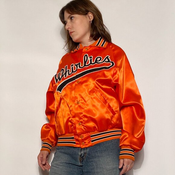 Vintage 1980s Orange & Black "Whirlies" Satin Bomber! Medium to Large - Picture 9 of 11